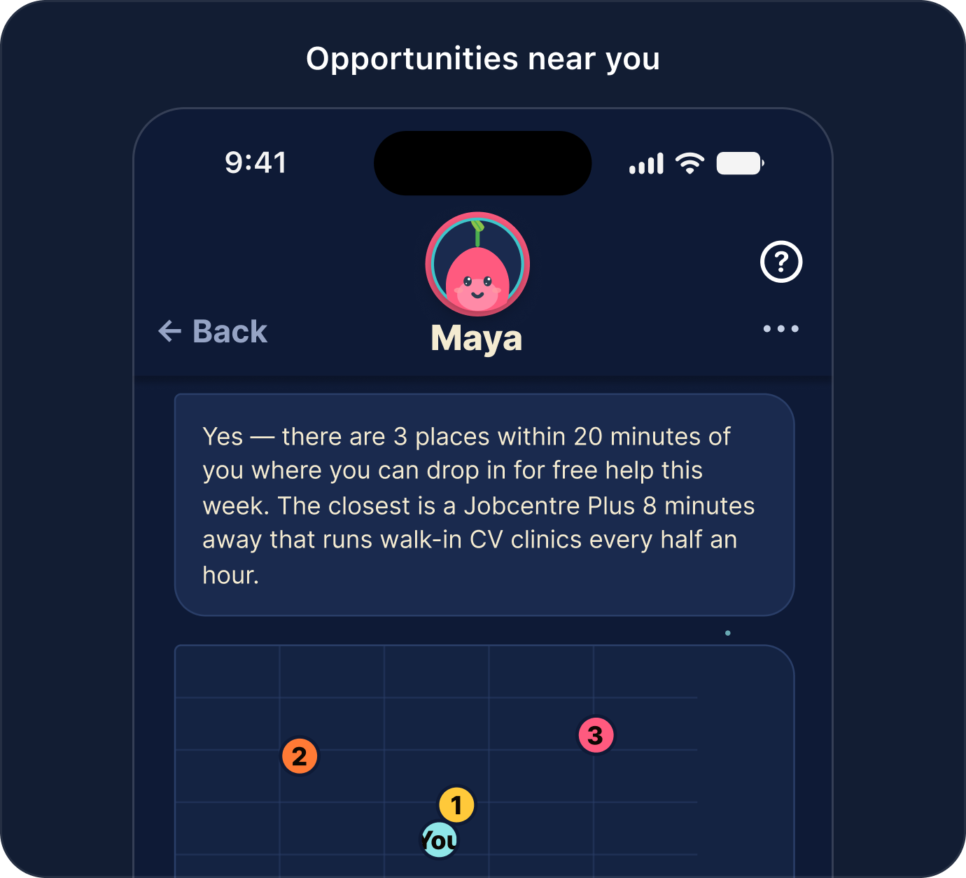 Coach chat surfacing three walk-in help sessions within twenty minutes, the closest a jobcentre eight minutes away