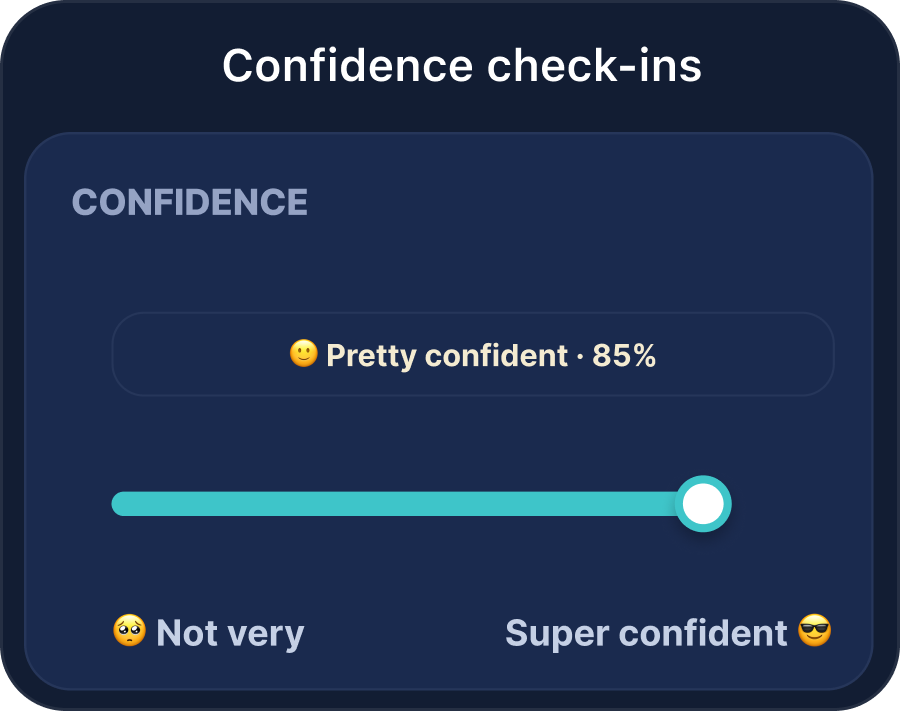 Confidence check-in showing a slider set to 'Pretty confident, 85%' between 'Not very' and 'Super confident'